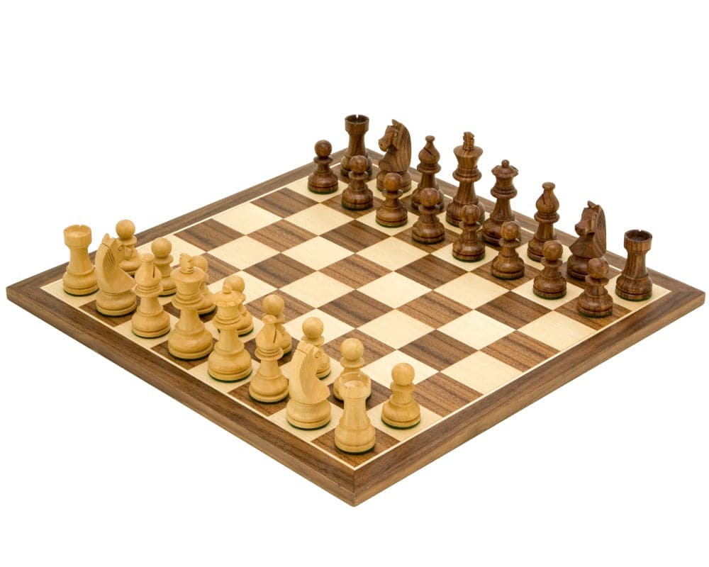 Chess set with 3-inch Staunton pieces on a high-quality walnut board from the Down Head Knight Academy, showcasing Sheesham wood grains.