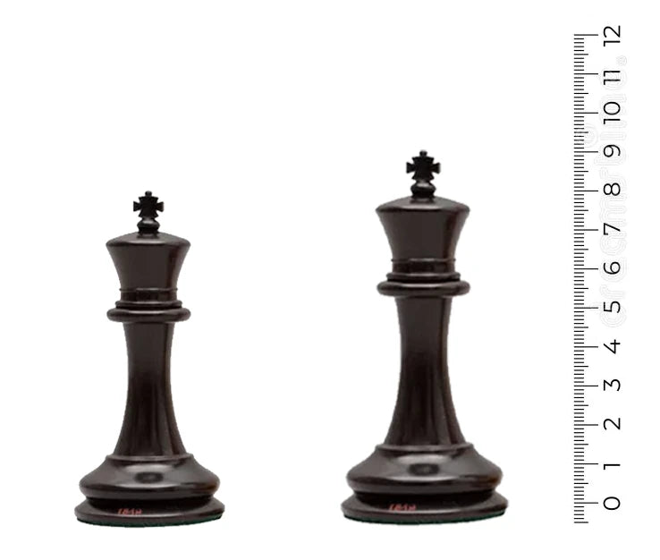 Black chess king and queen pieces next to a tape measure showing heights of 3.25 to 3.5 inches