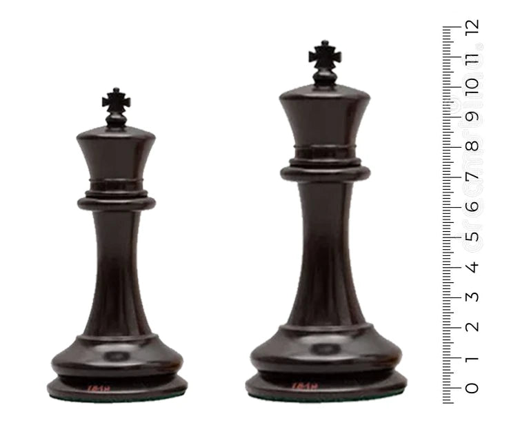 4+ inch black chess pieces next to a measuring tape showing varying heights