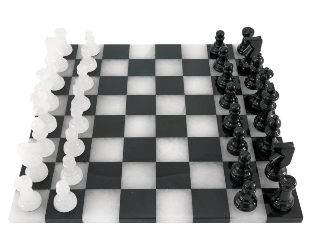 Black and White Alabaster Chess Set with Edge to Edge Board and Hand Carved Pieces in Classic Staunton Design