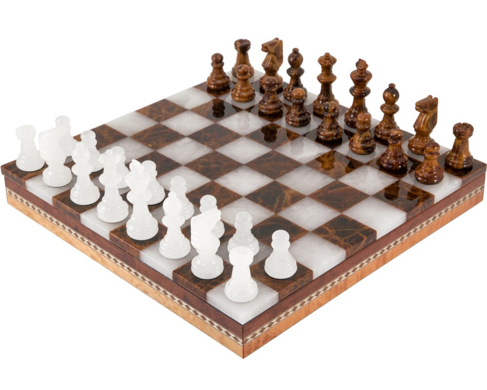 Brown & White Alabaster Chess & Draughts with Inlaid Chest