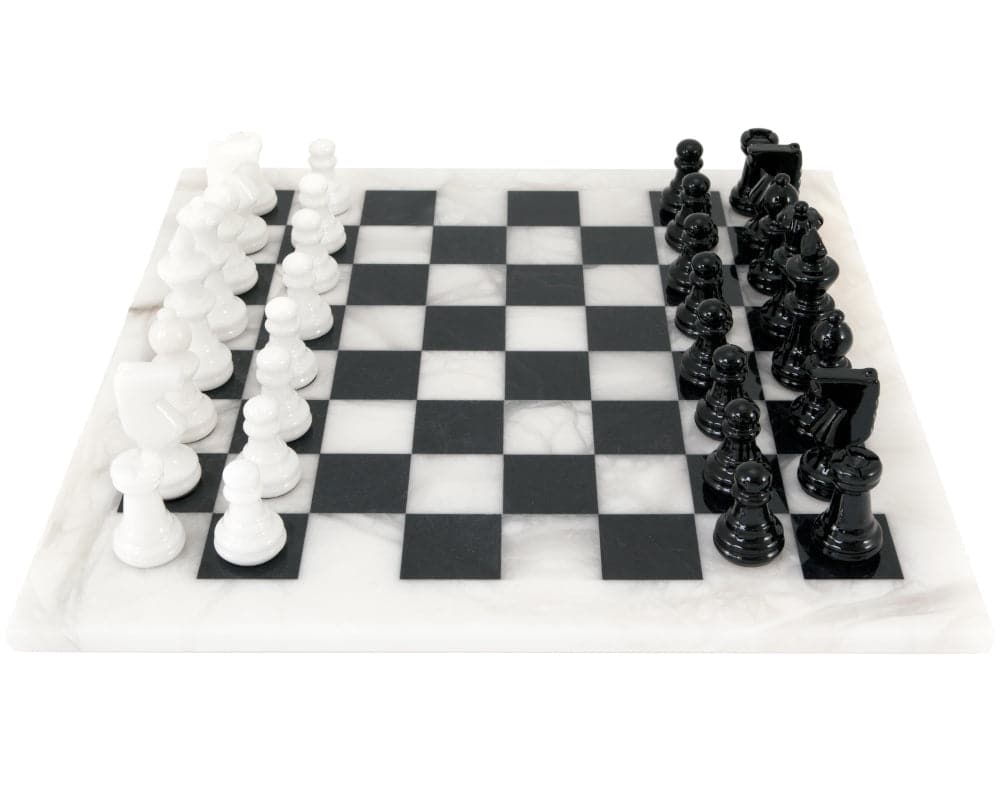 Black and White Alabaster Chess Set 14.5 Inches crafted in Italy by Scali Alabastro, showcasing unique natural textures and high sheen finish.