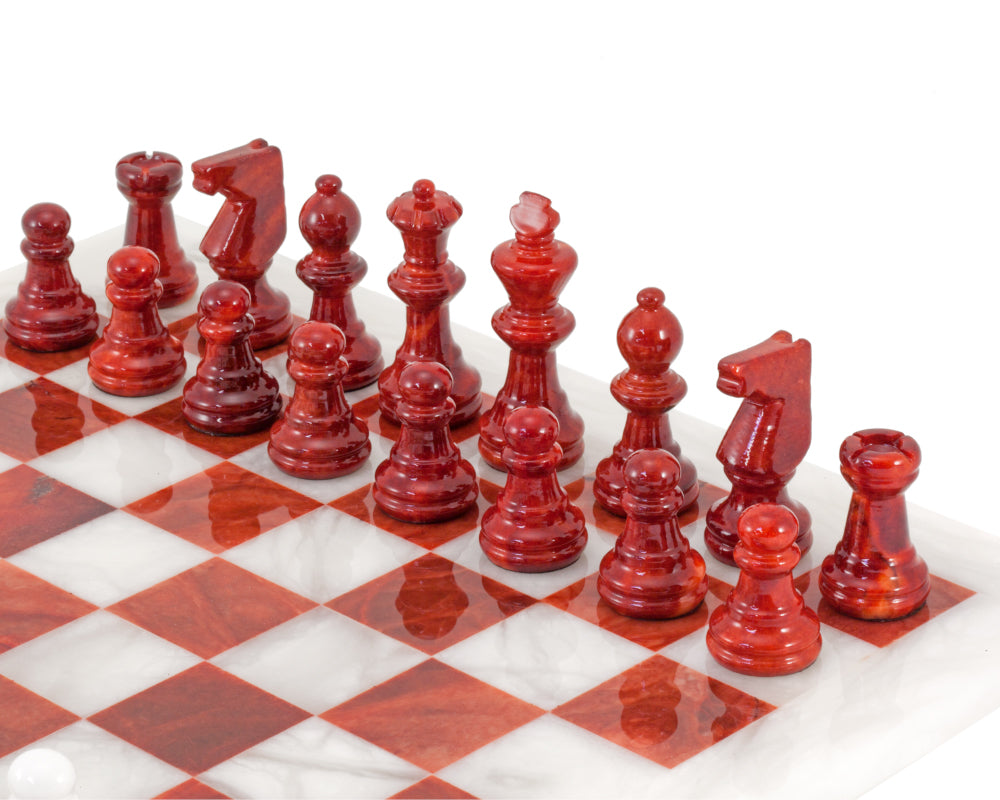 Red and White Alabaster Chess Set 14.5 Inches
