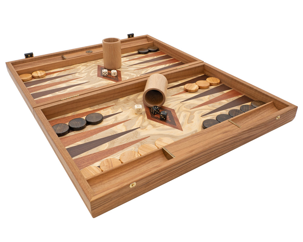 Luxury Olive Wood Burl Backgammon Set by Manopoulos with Luxury Wooden Cups