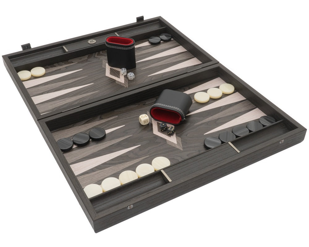 The Manopoulos Ebony and Grey Oak Luxury Backgammon Set with Vinyl Deluxe Cups