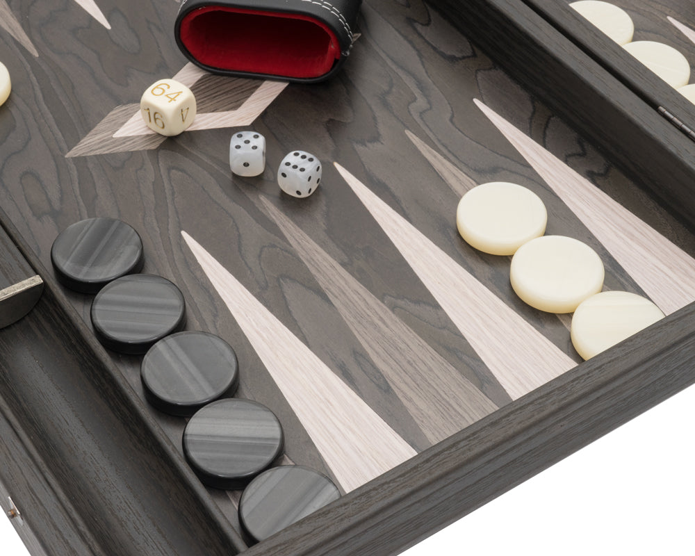 The Manopoulos Ebony and Grey Oak Luxury Backgammon Set with Vinyl Deluxe Cups