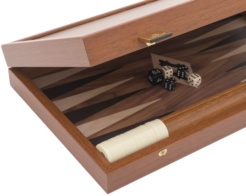 The Manopoulos Walnut Black and Oak Club Compact Backgammon Set with Vinyl Deluxe Cups