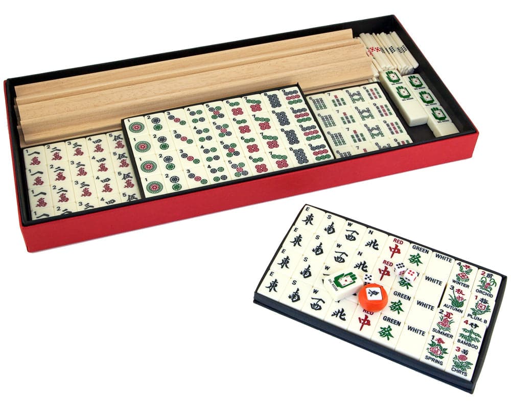 Dal Negro Deluxe Mah Jong Set - European edition with tiles and scoring sticks in a red box