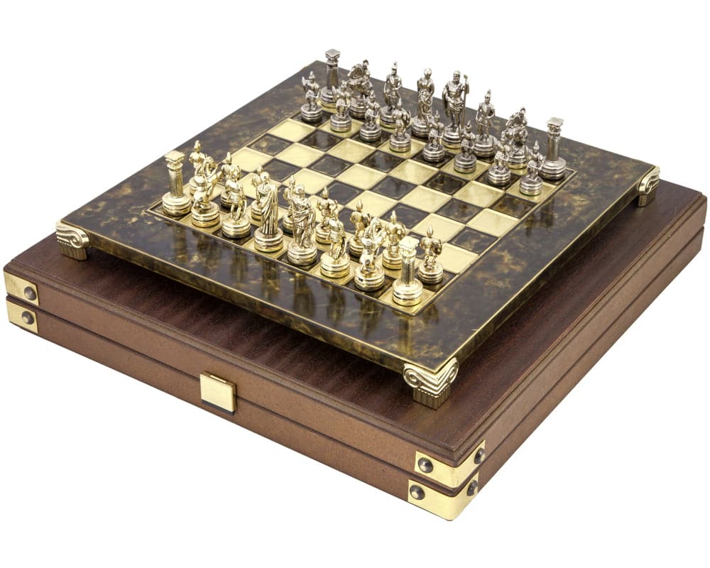 Manopoulos Greek Roman Army Metal Chess Set with Wooden Case displaying detailed brass and nickel plated chess pieces on a board.