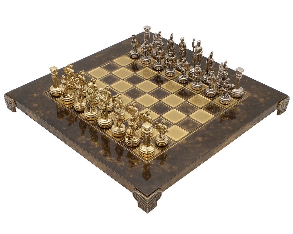 Greek Roman Army Metal Chess Set Wooden Case Small