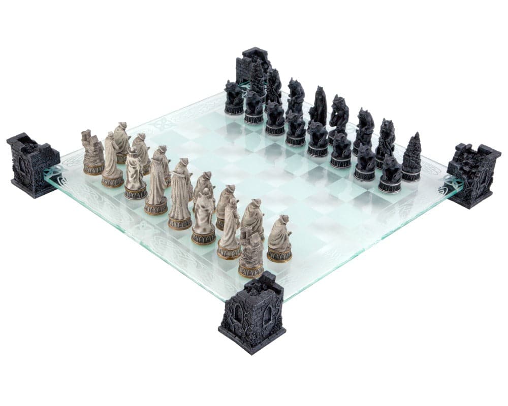 Vampire and Werewolf Glass Chess Set with detailed characters on raised glass board supported by Ruined Castle themed resin pillars