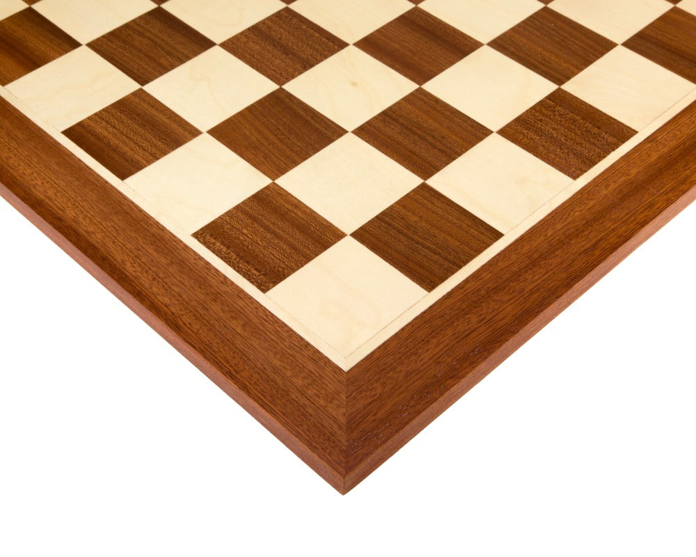 Close-up of 19 Inch Inlaid Mahogany Chess Board in maple and mahogany, featuring intricate details and superb craftsmanship for serious players.