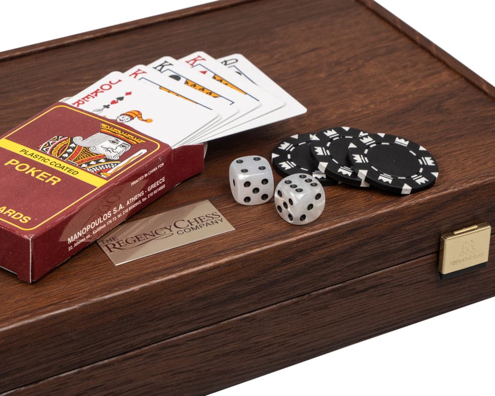 Deluxe Poker Compendium in Walnut Case with cards, chips, and dice from The Regency Chess Company.