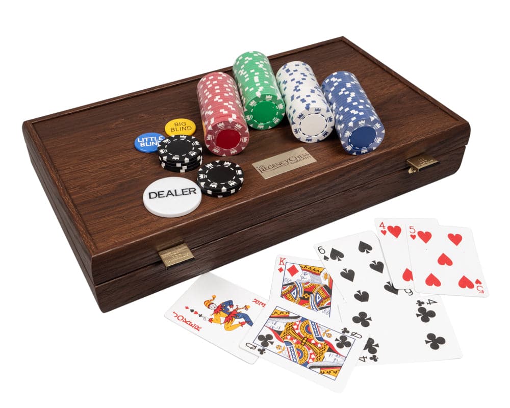 Deluxe Poker Compendium in Walnut Case with poker chips and playing cards, perfect gift set by The Regency Chess Company.