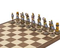 Hand painted Roman and Arab themed chess pieces on wooden board by Italfama.