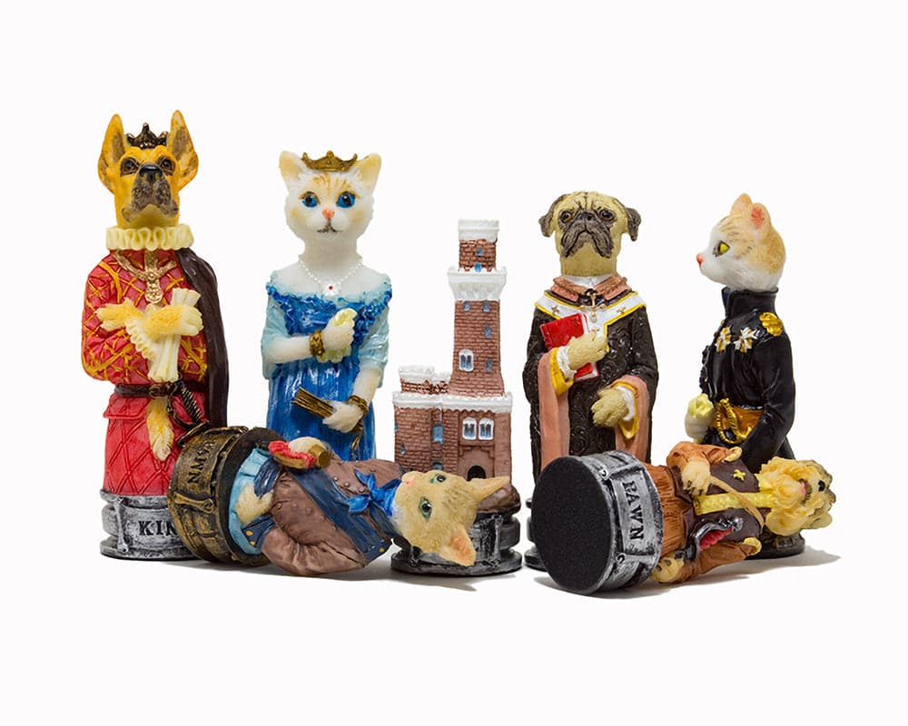 Hand-painted Cats vs Dogs themed chess pieces by Italfama, featuring detailed cat and dog figures, ideal for a 16 inch board.