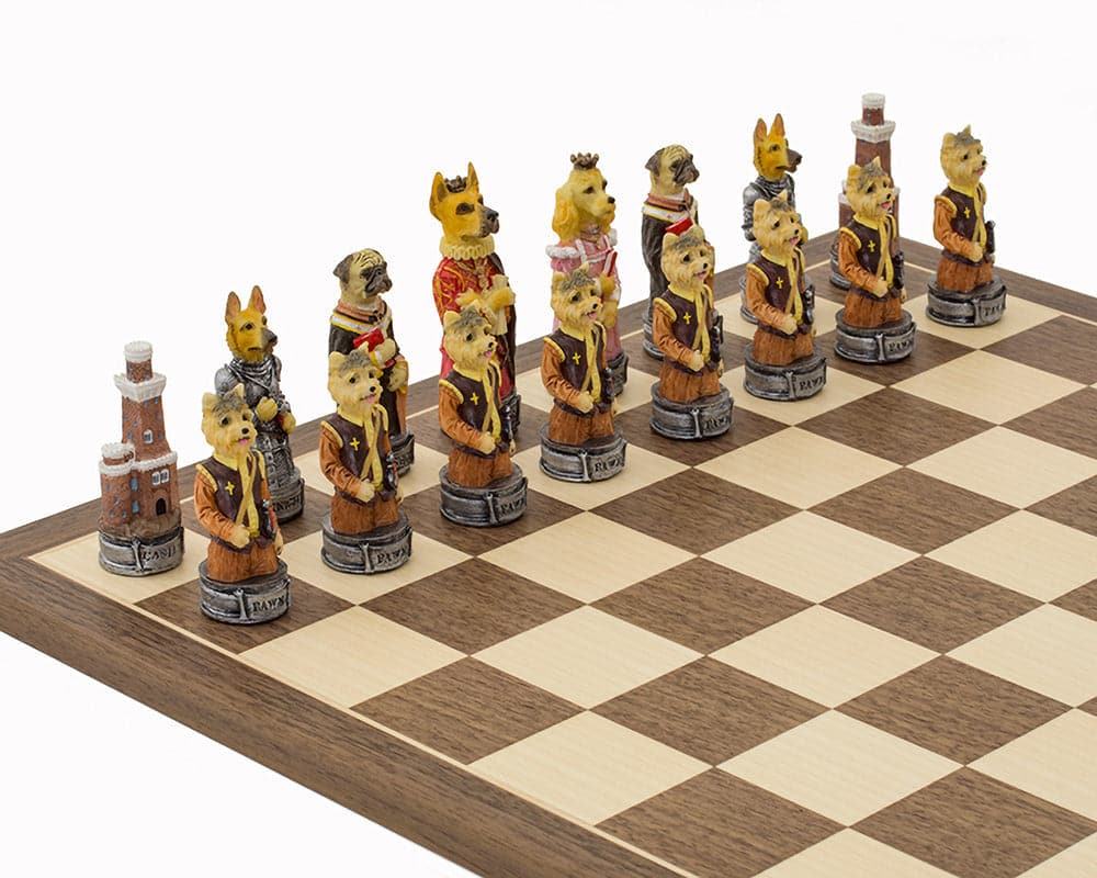 Hand-painted Cats vs Dogs themed chess pieces on a board, beautifully crafted by Italfama, showing fine details. Ideal for a 16-inch board.