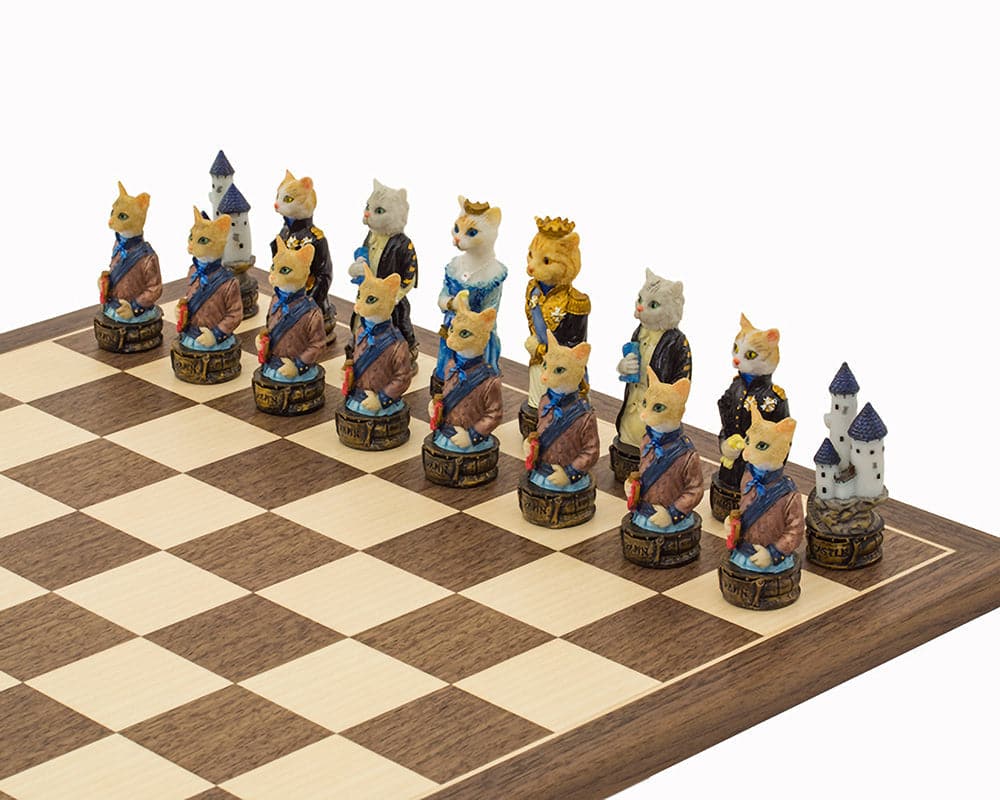 Cats vs Dogs hand-painted chess pieces by Italfama on 16-inch board with 3.75-inch King, beautifully crafted with superb detail.