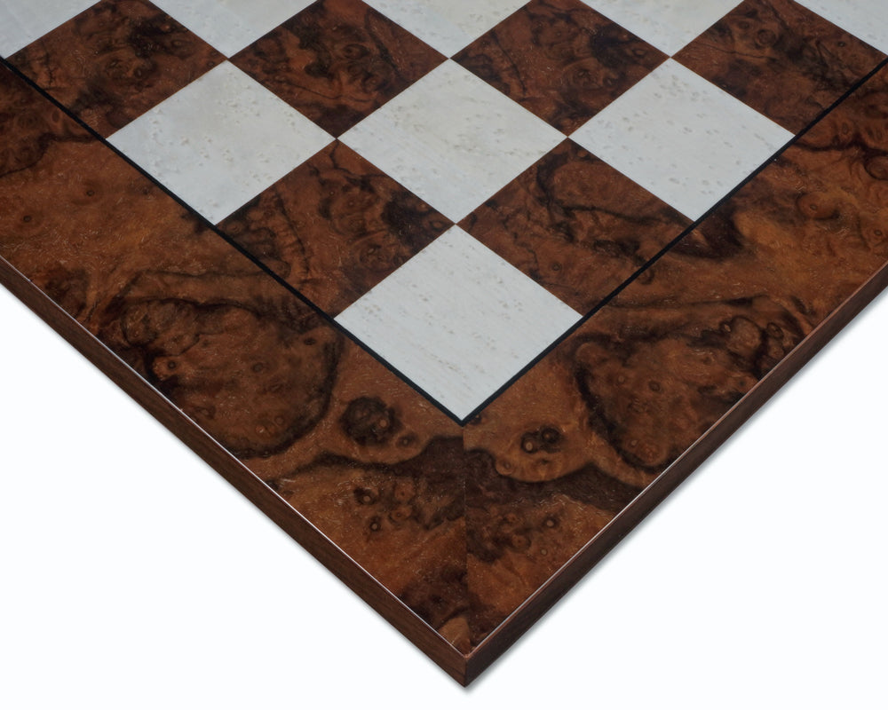 Close-up of 23.6 inch dark walnut burl luxury Italian chess board showing detailed craftsmanship and high-quality playing squares.