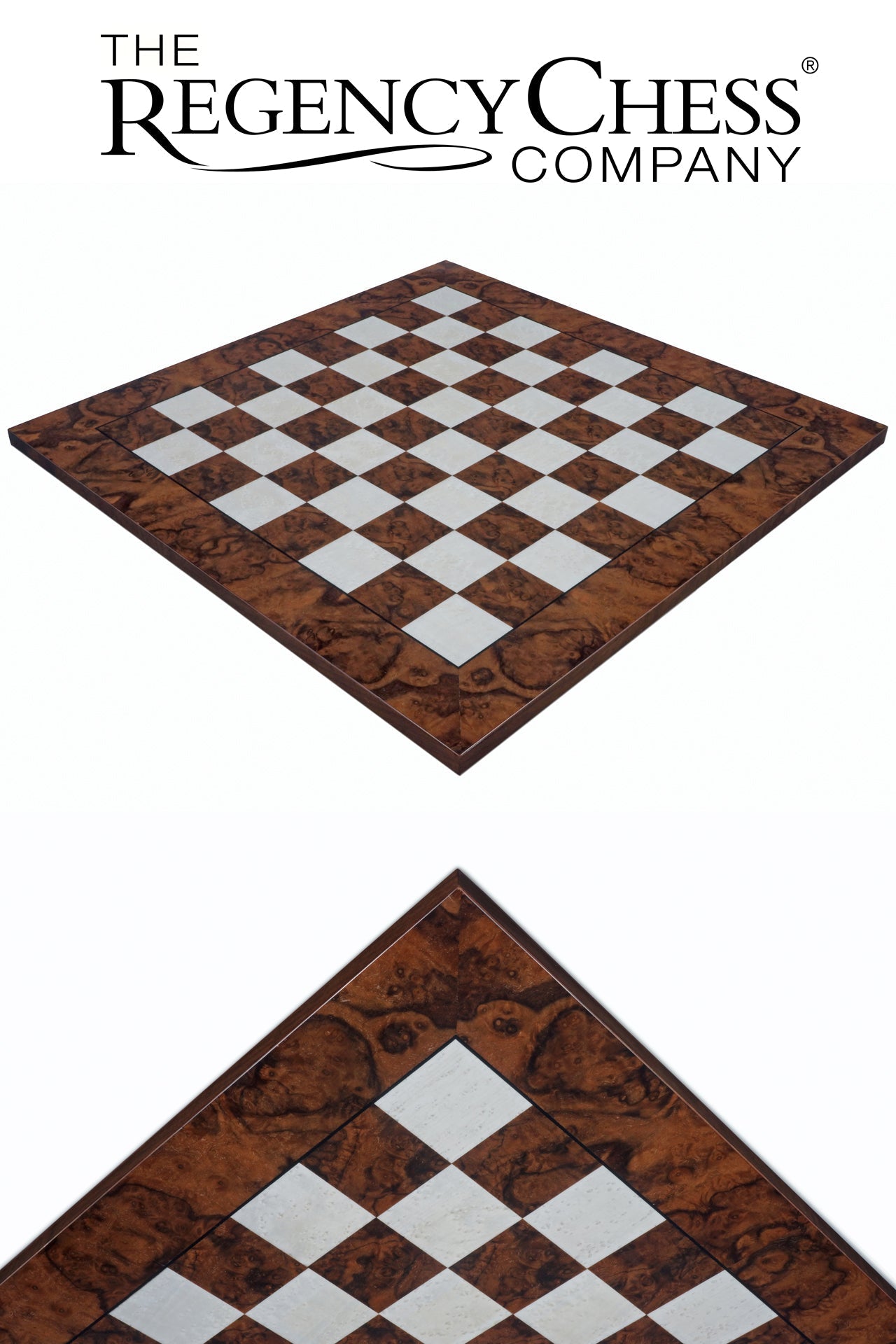 23.6 inch dark walnut burl luxury Italian chess board by The Regency Chess Company. Ideal for 4.25 inch king height.