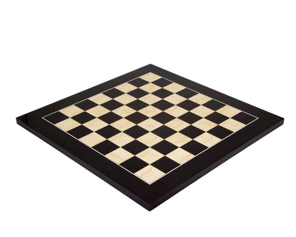 17.75 inch high gloss lacquered black Anegre and Maple chess board with 1.75 inch playing squares, crafted in Spain.