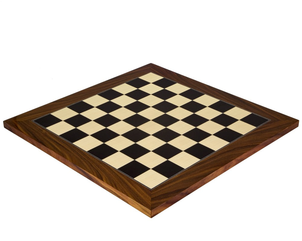 17.75 Inch Black Anegre and Palisander Deluxe Chess Board with high gloss lacquer finish, featuring 1.75 inch maple and anegre playing squares