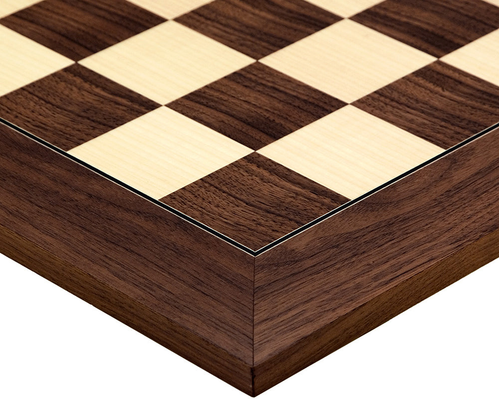 Close-up of 21.7 inch deluxe chess board made in Spain with high-grade Montgoy Palisander and Maple by Rechapados Ferrer.