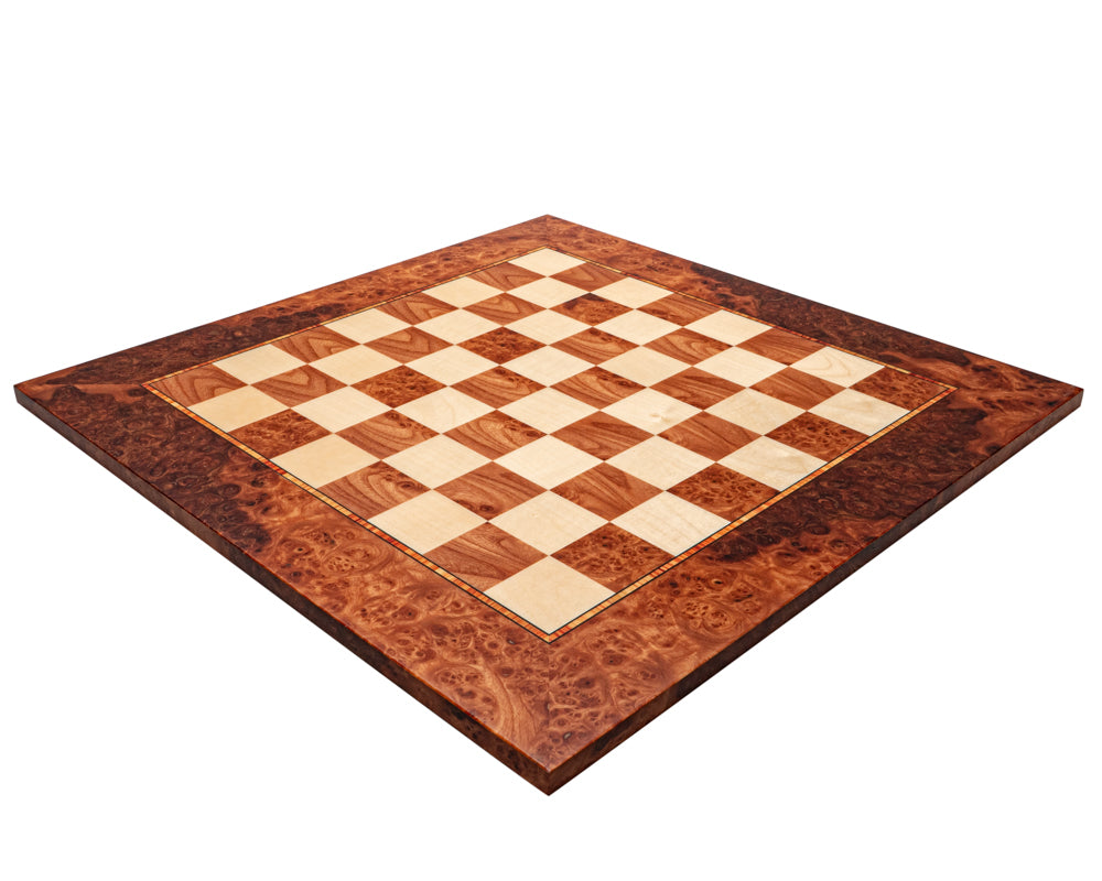 17.3 Inch Mastellone Giuseppe Elm Wood Inlaid Chess Board with Elm Burl and Maple veneers, crafted in Italy, 1.57 inch playing squares