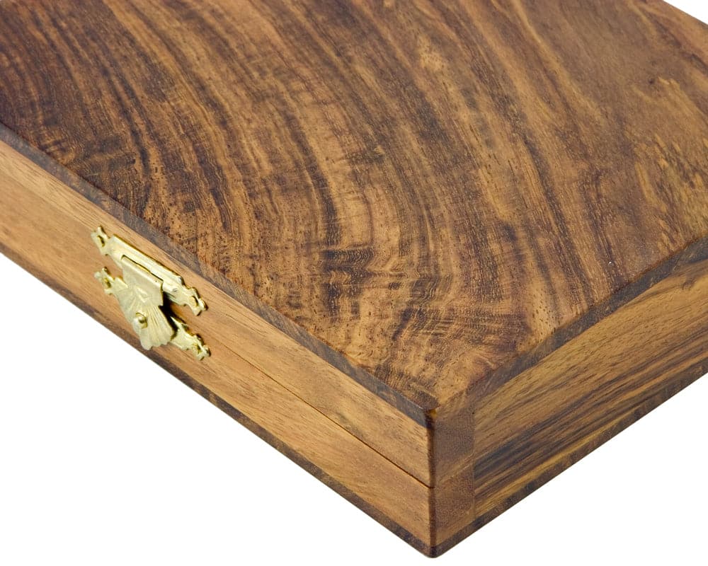 Solid sheesham box with natural wax finish and brass hinge for draughts pieces.