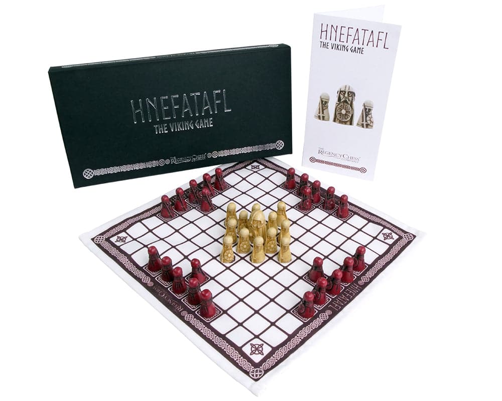 Hnefatafl Viking Game - Cardinal Edition with screen-printed linen board, pieces setup, gift box, and instruction leaflet displayed.