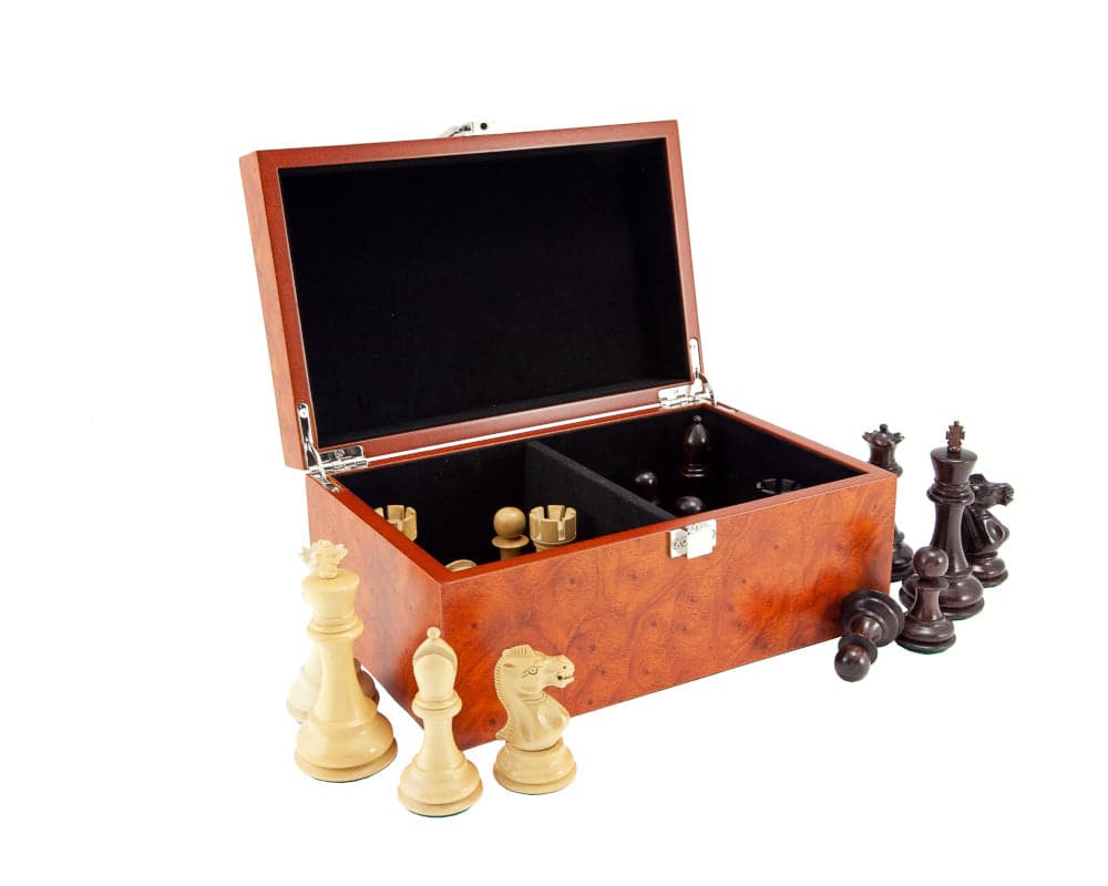 Rootwood Veneer Chess Piece Case with Hinged Lid and black flocked compartments, shown open with black and white chess pieces.