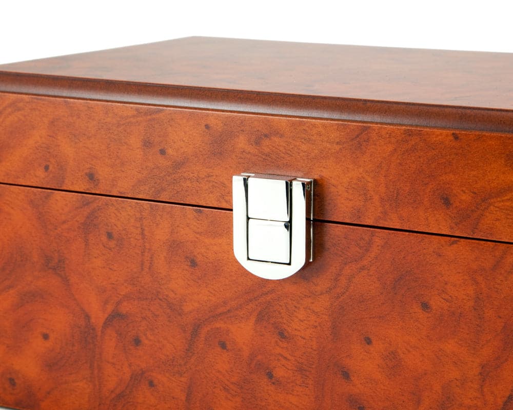 Root Wood Burl Chess Piece Case with chrome-plated hinge and hinged lid, showcasing detailed wood veneer and luxurious finish.