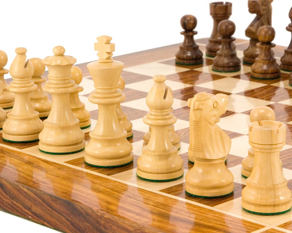 French Knight Series Golden Rosewood Chess Pieces on wooden chess board