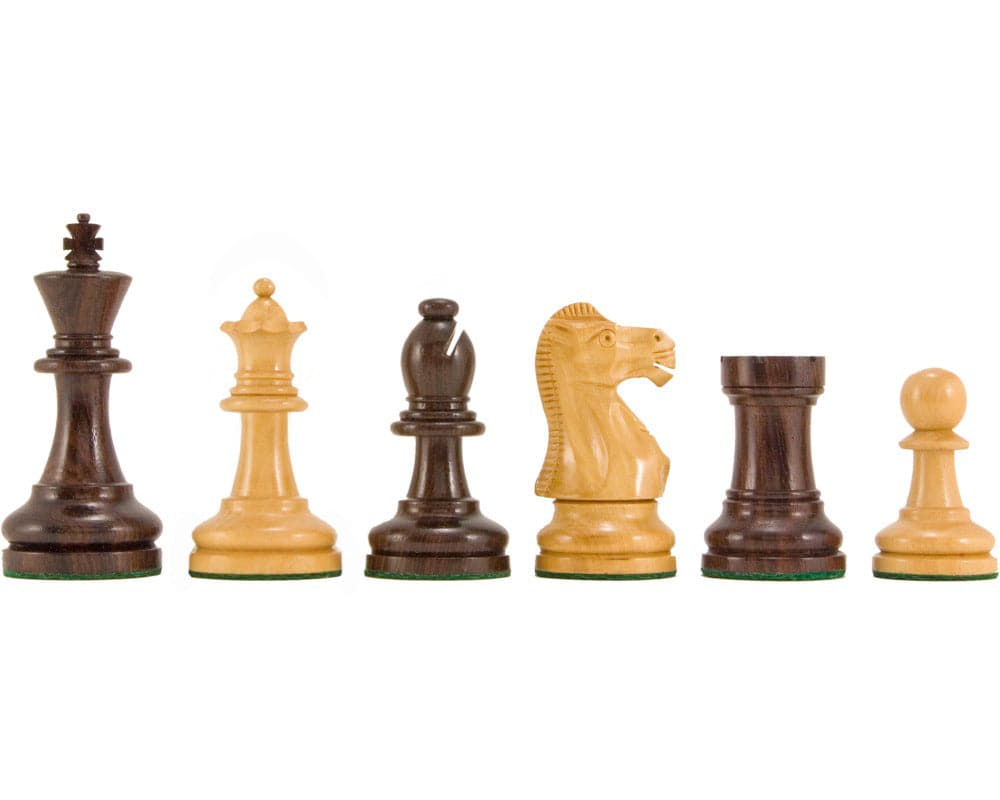 Supreme Series Rosewood Staunton chess pieces, including a 3.5-inch king, queen, bishop, knight, rook, and pawn, crafted from rosewood and boxwood.