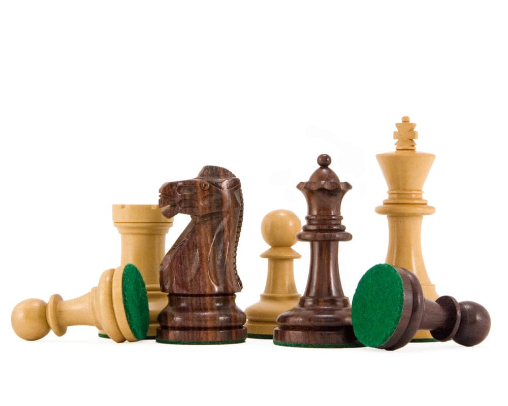 Supreme Series Rosewood Staunton Chess Pieces 3.5 Inches featuring classic design, weighted and felted bases placed on white background.