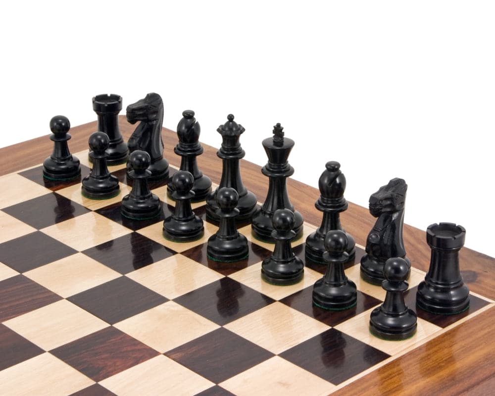 Supreme Series Ebony Staunton Chess Pieces 3.5 Inches displayed on chessboard