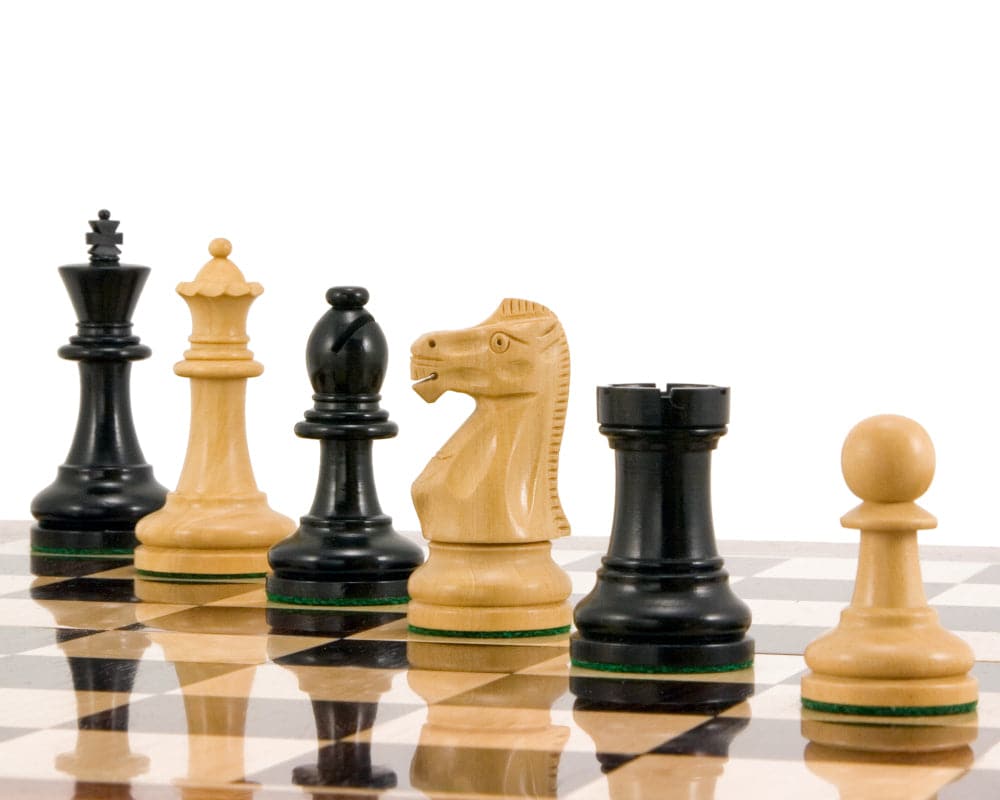 Supreme Series Ebony Staunton Chess Pieces, 3.5 Inches, featuring king, queen, bishop, knight, rook, and pawn on a chessboard.