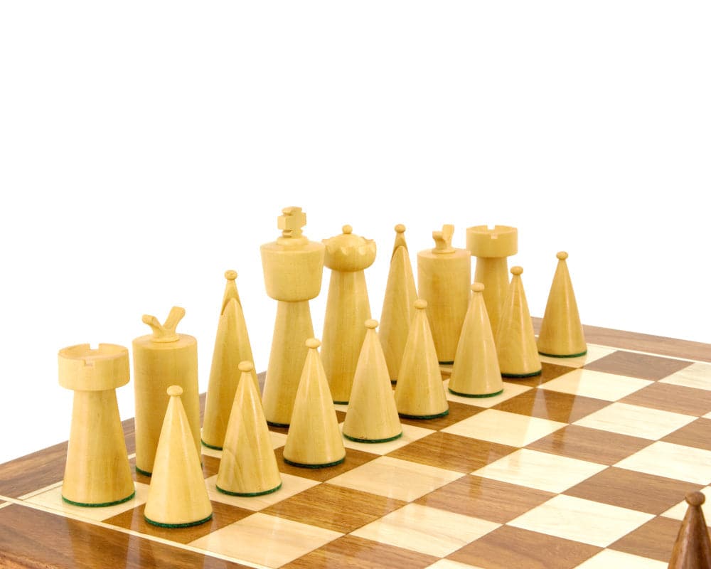 Art Deco Series Sheesham and Boxwood Chess Pieces 3.5 inches on a 15 inch board. Contemporary and minimalist design.