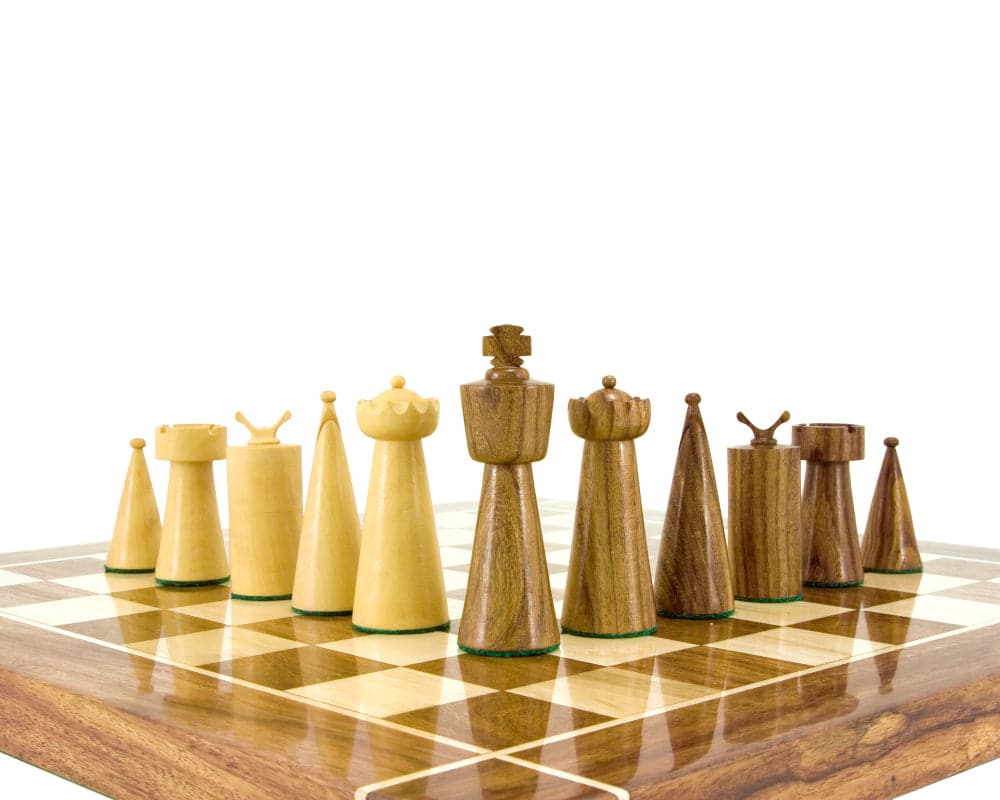 Art Deco Series Sheesham and Boxwood Chess Pieces 3.5 inches on a chessboard