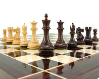 Sicilian Series Rosewood and Boxwood Chess Pieces on a 20-inch board, showcasing classic Staunton design, 3.75-inch king pieces.