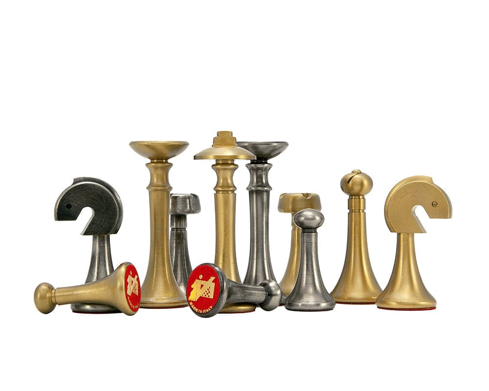 Metropolis Series brass and nickel chess pieces hand turned by Italian craftsmen with minimalist design and weighted for perfect balance.