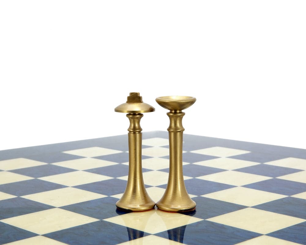 Metropolis Series 2.75 Inch Brass Chess Pieces on a Chessboard - Hand Turned Italian Craftsmanship