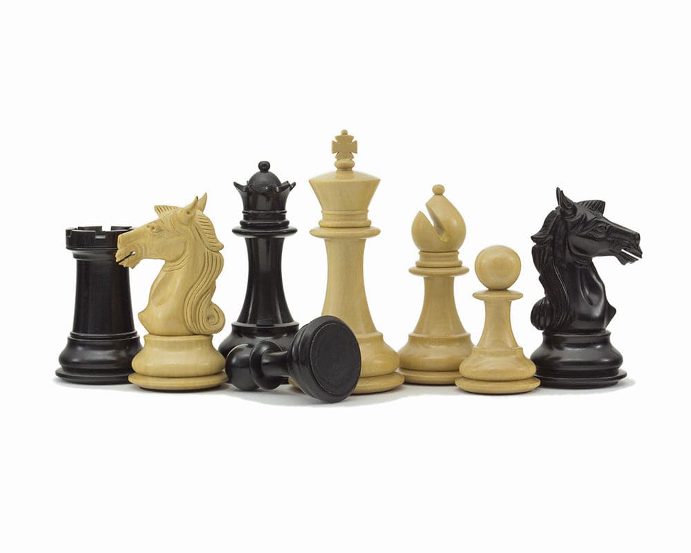 Columbus Series Chessmen Ebony 4", Decorative Staunton design, beautifully ornate, expertly handcrafted from solid ebony and boxwood.