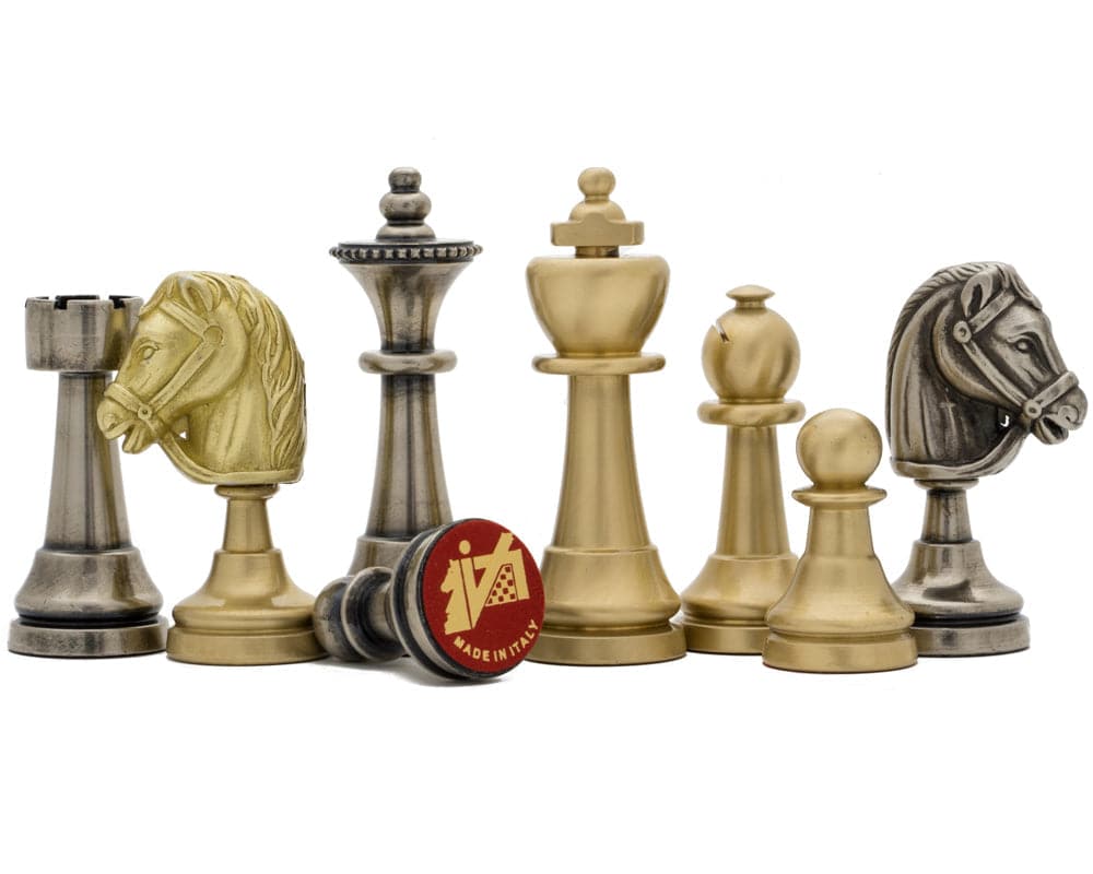 The Turin Metal Chess Men by Italfama - Antiqued boxwood and ebony chess pieces with a 4.4-inch king, perfect for 21-inch chess boards.