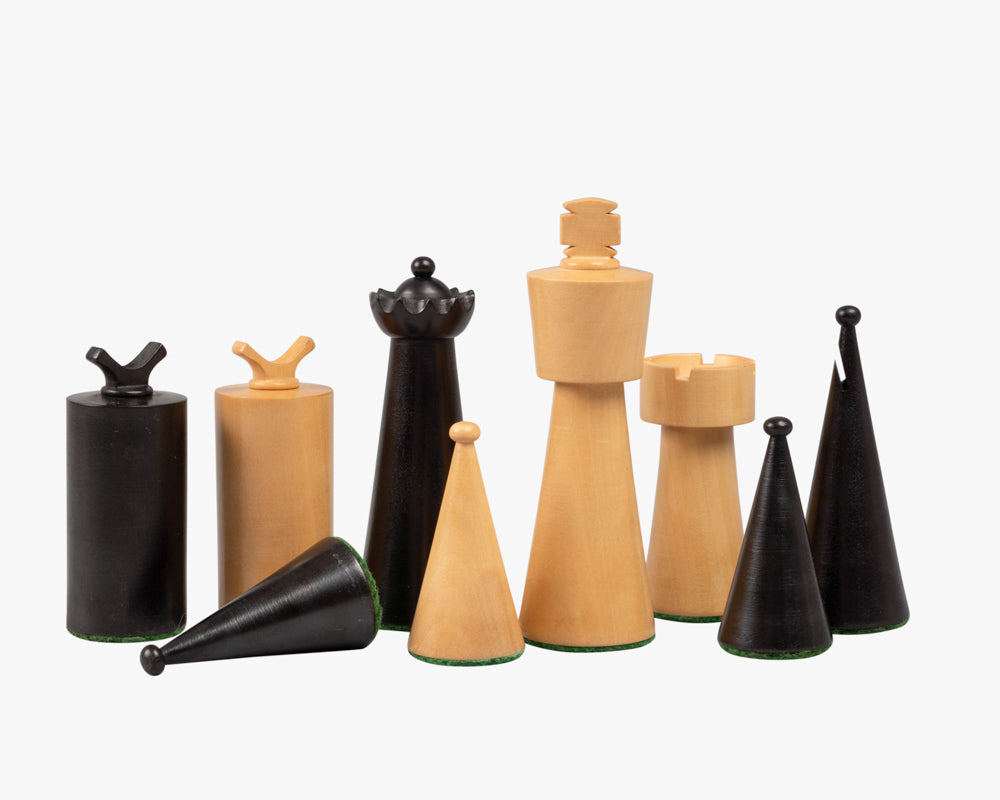 Art Deco Ebonised and Boxwood Chess Pieces 3.5 inch