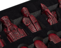 Red Isle of Lewis handmade chessmen set in sculpted resin with intricate details on chess pieces, official limited edition.
