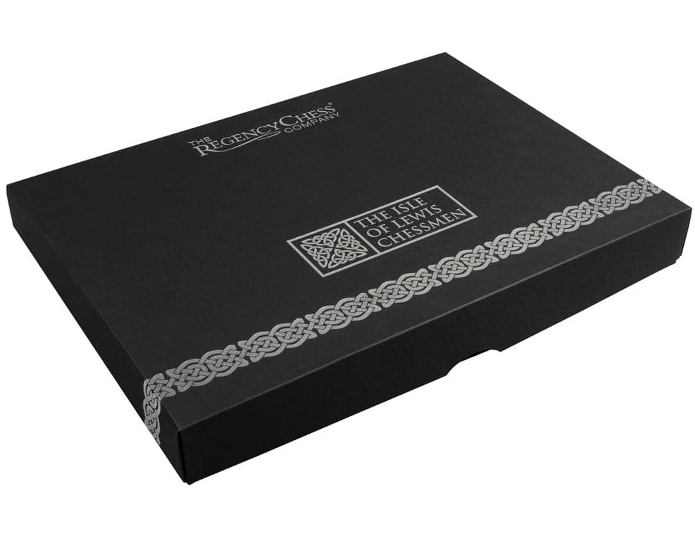 Isle of Lewis Red Chessmen Official Ltd Edition Set box by The Regency Chess Company in black with Celtic design