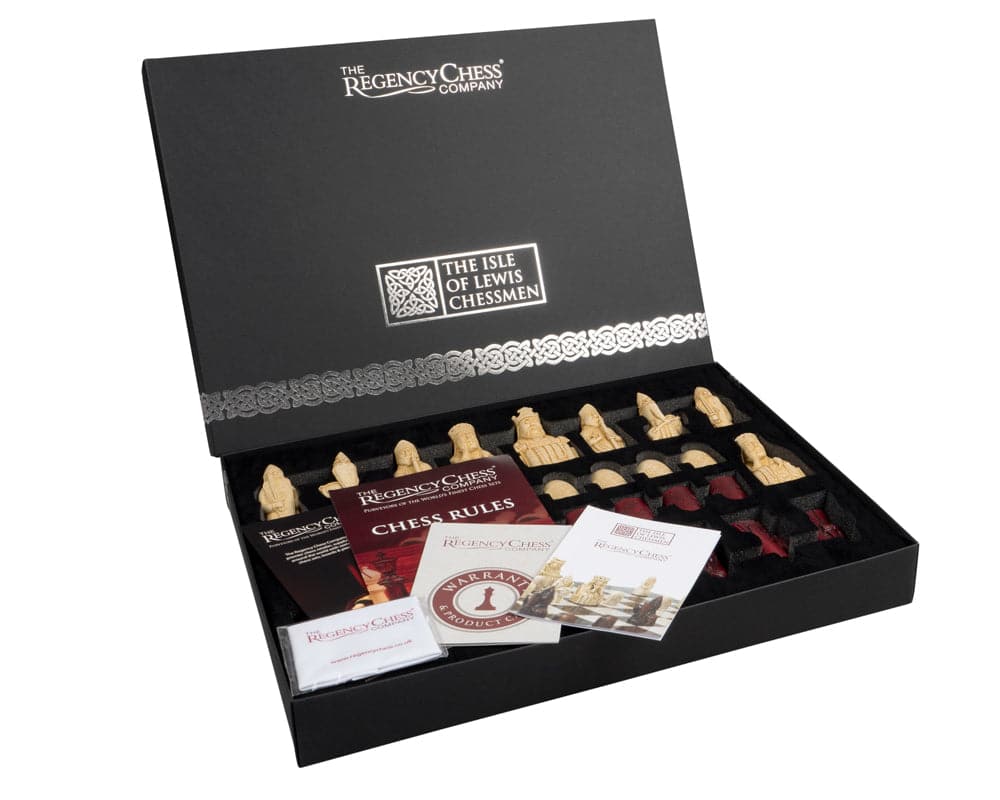 Isle of Lewis 3.25" Red Chessmen Official Ltd Edition set in open black box with chess pieces and rule book.