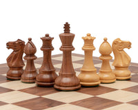 3.5 Inch Classic Staunton Chessmen in Acacia and Boxwood on chessboard