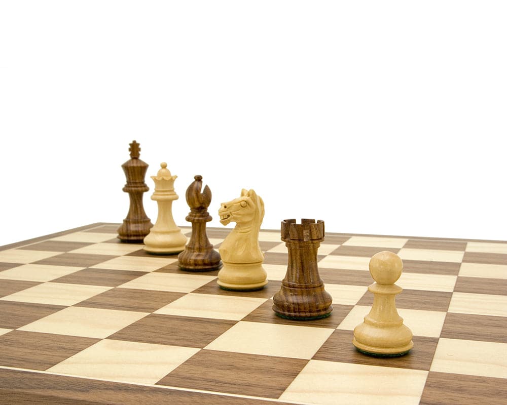 Fierce Knight Tournament chess set featuring double-weighted chessmen on a wooden board